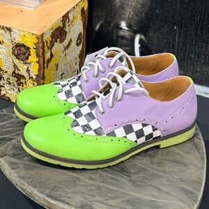 John Fluevog Green and Purple Checkered Men's Shoes